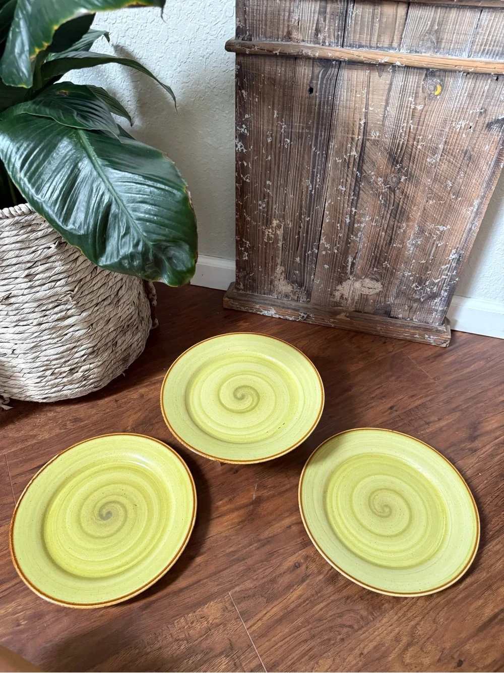 Set Of 3 Thomson Pottery  Amazon 10-5/8” Dinner Plates Green Swirl Brown Rim